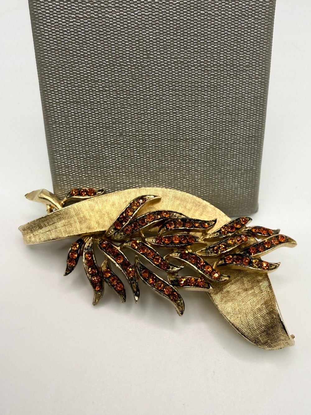 Vintage Coro Gold Tone Amber Rhinestone Ribbon Leaf Brooch Pin